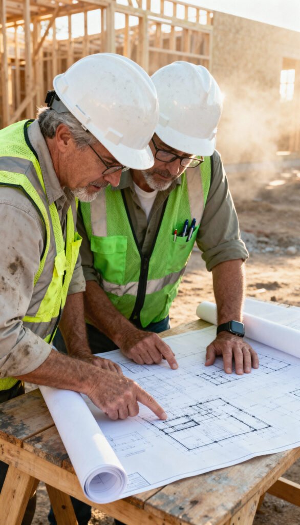 construction workers review blueprints building site
