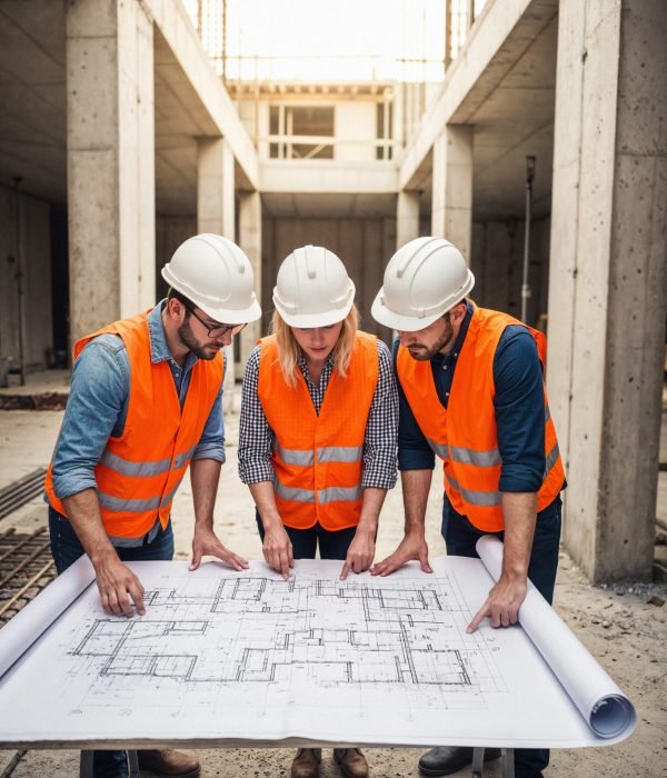 construction workers examining architectural blueprint