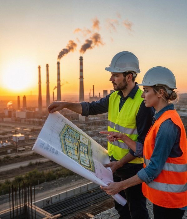 construction workers reviewing blueprints with industrial backdrop