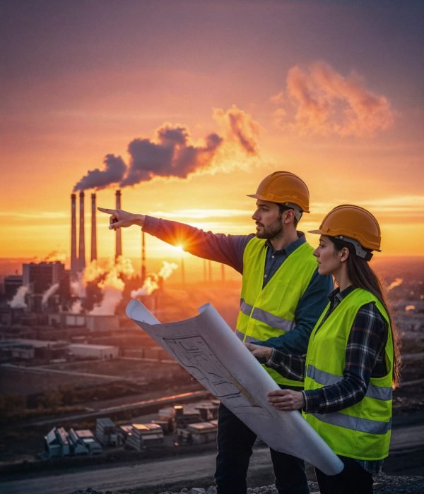 engineers inspecting industrial site sunset